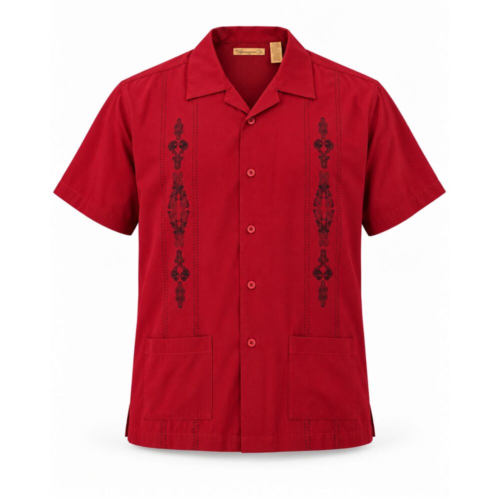 Men’s XL Red Guayabera Shirt Embroidered Short Sleeve Button Front Resort Style